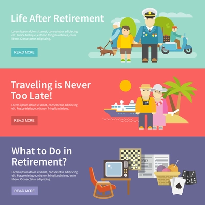 Pensioners life horizontal banner set with retirement enetertainment flat elements isolated vector illustration