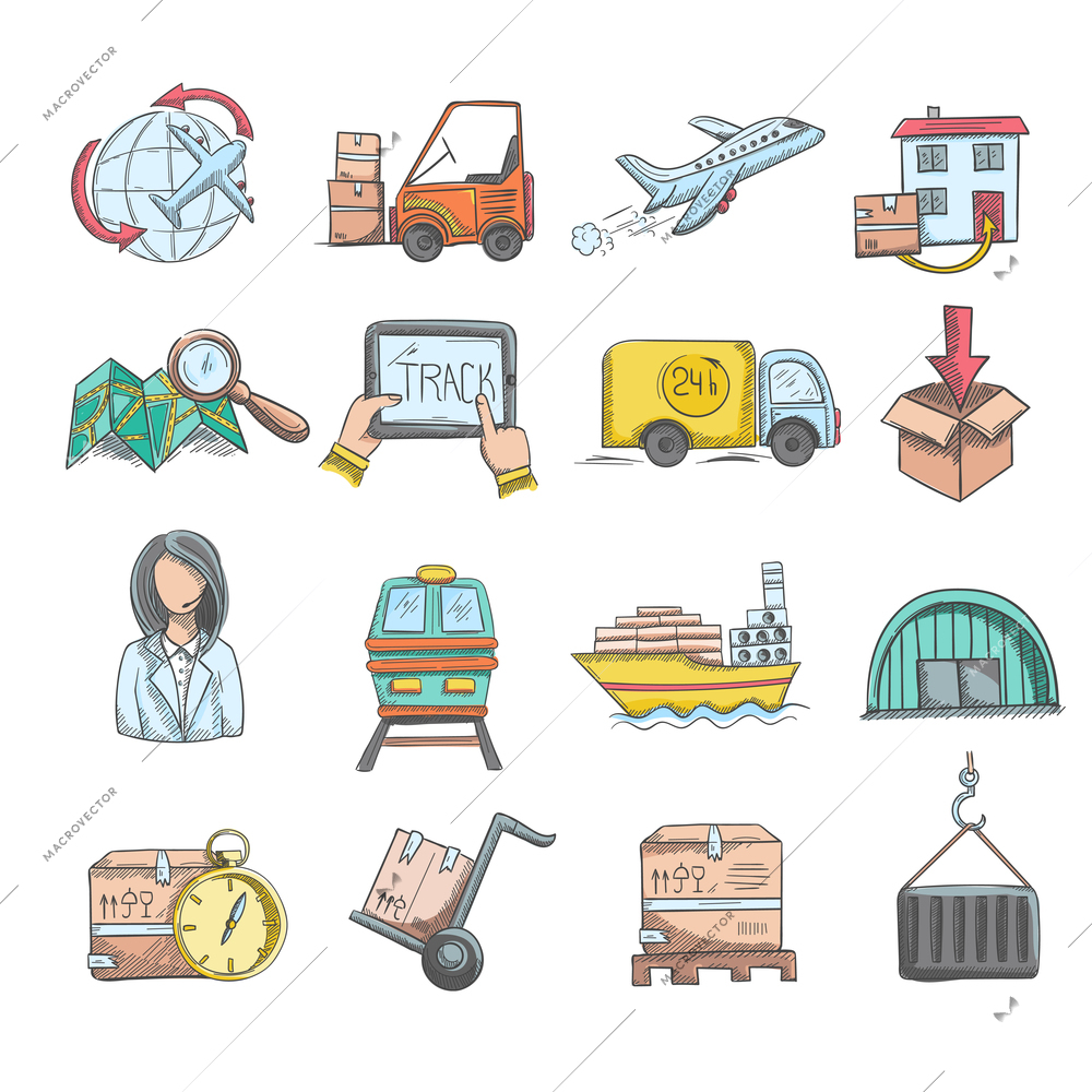 Logistics delivery service and transportation sketch decorative icons set isolated vector illustration