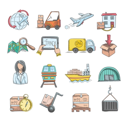 Logistics delivery service and transportation sketch decorative icons set isolated vector illustration