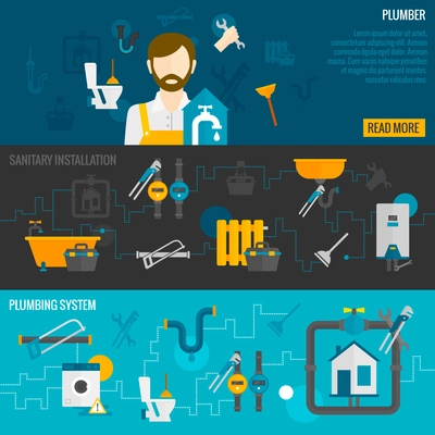Plumber horizontal banner set with sanitary installation plumbing system elements isolated vector illustration