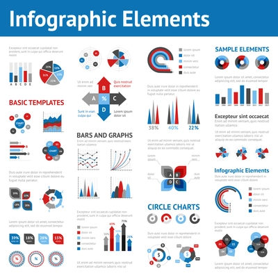 Business infographic elements set with dot bar pie line charts vector illustration