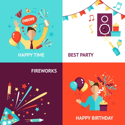 Party design concept set with birthday fireworks flat icons isolated vector illustration