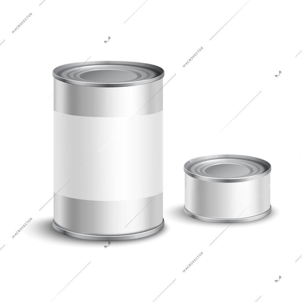 Metallic tin can set with blank white labels for food conservation isolated vector illustration
