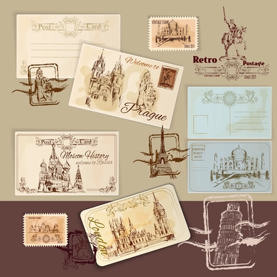 Vintage postcards template set with hand drawn landmarks and stamps vector illustration