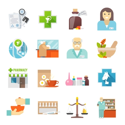 Pharmacy and veterinary chemist shop flat icons set with pills and herbs mortar abstract  isolated vector illustration