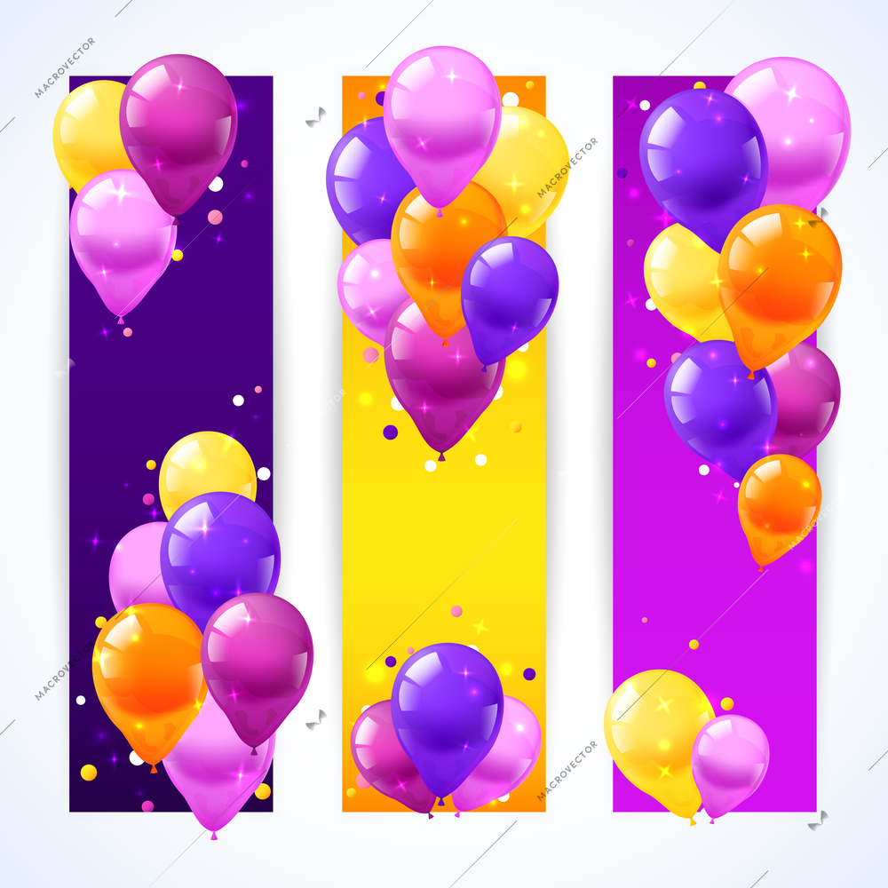 Festival and birthday banners vertical set with realistic air balloons isolated vector illustration