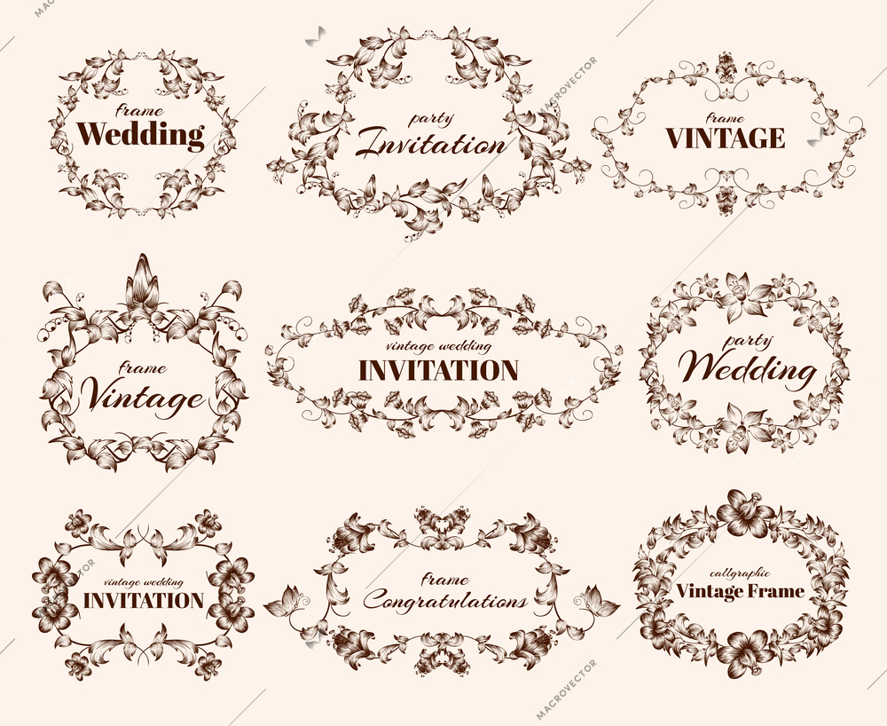 Vintage floral ornate calligraphic frames for wedding and congratulations vector illustration