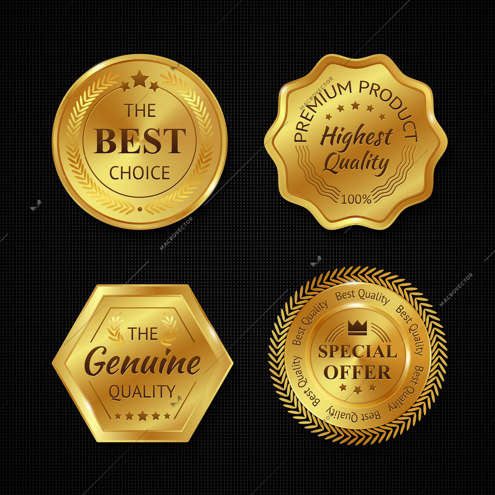 Golden metal best choice premium quality badges set isolated vector illustration