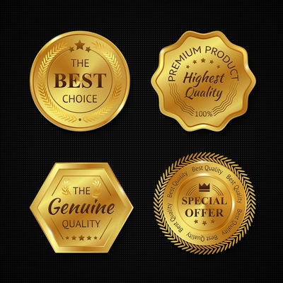 Golden metal best choice premium quality badges set isolated vector illustration