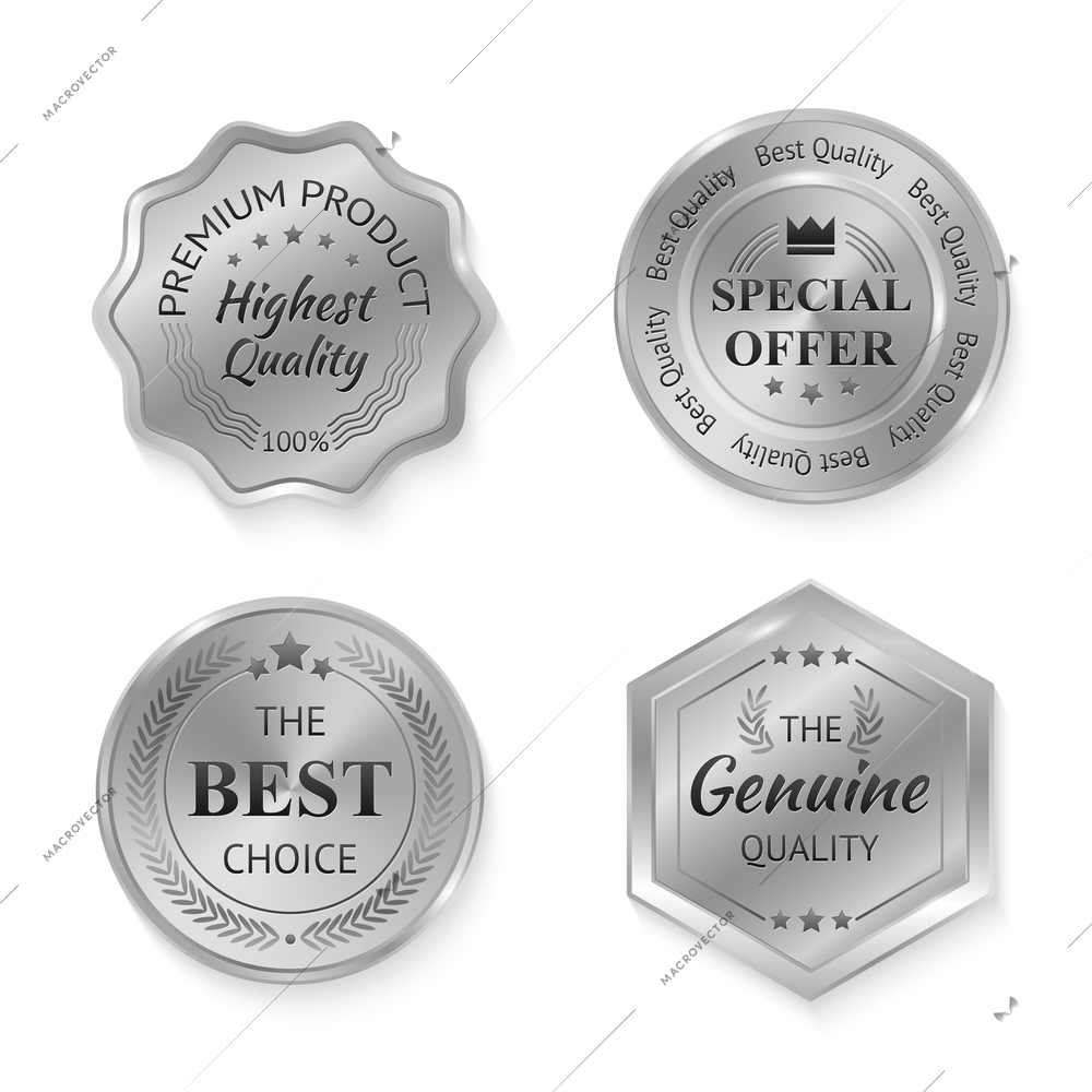 Silver metal genuine quality special offer badges set isolated vector illustration