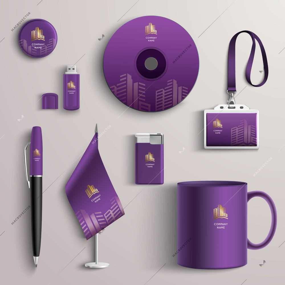 Corporate identity purple design template with branded business stationery set isolated vector illustration