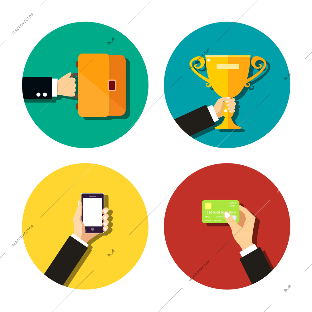 Business hand holding items flat icons set with mobile smartphone trophy cup credit card and briefcase with documents isolated vector illustration