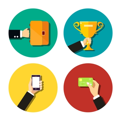 Business hand holding items flat icons set with mobile smartphone trophy cup credit card and briefcase with documents isolated vector illustration