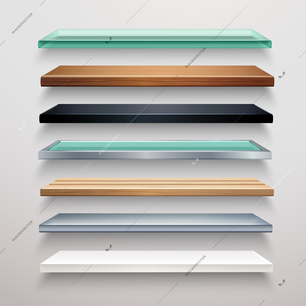 Realistic metal glass wood and plastic bookstore shelves set isolated vector illustration