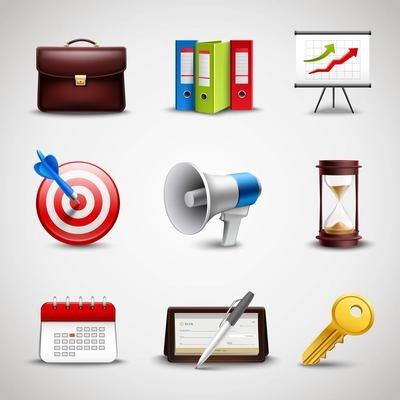 Realistic business icons set with 3d briefcase folders and chart isolated vector illustration