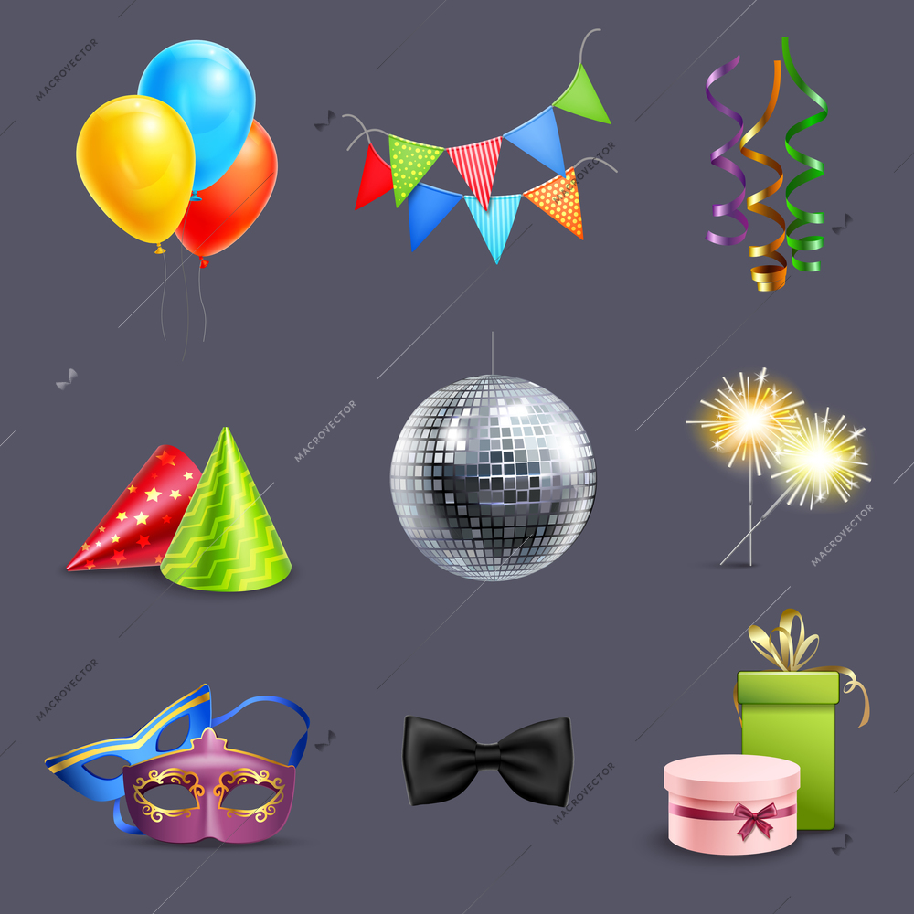 Realistic celebration icons set with balloons party ball and holiday gift boxes isolated vector illustration