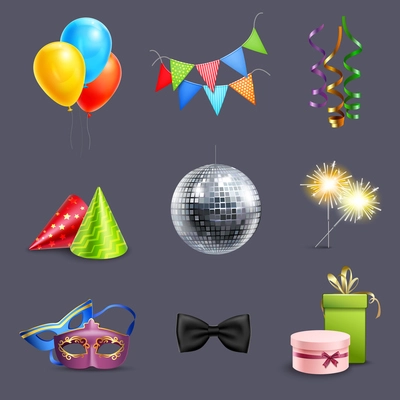 Realistic celebration icons set with balloons party ball and holiday gift boxes isolated vector illustration