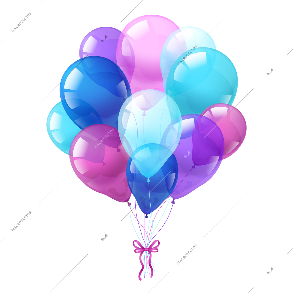 Colorful glossy oval party balloons bunch tied with ribbon on white background design print  abstract vector illustration