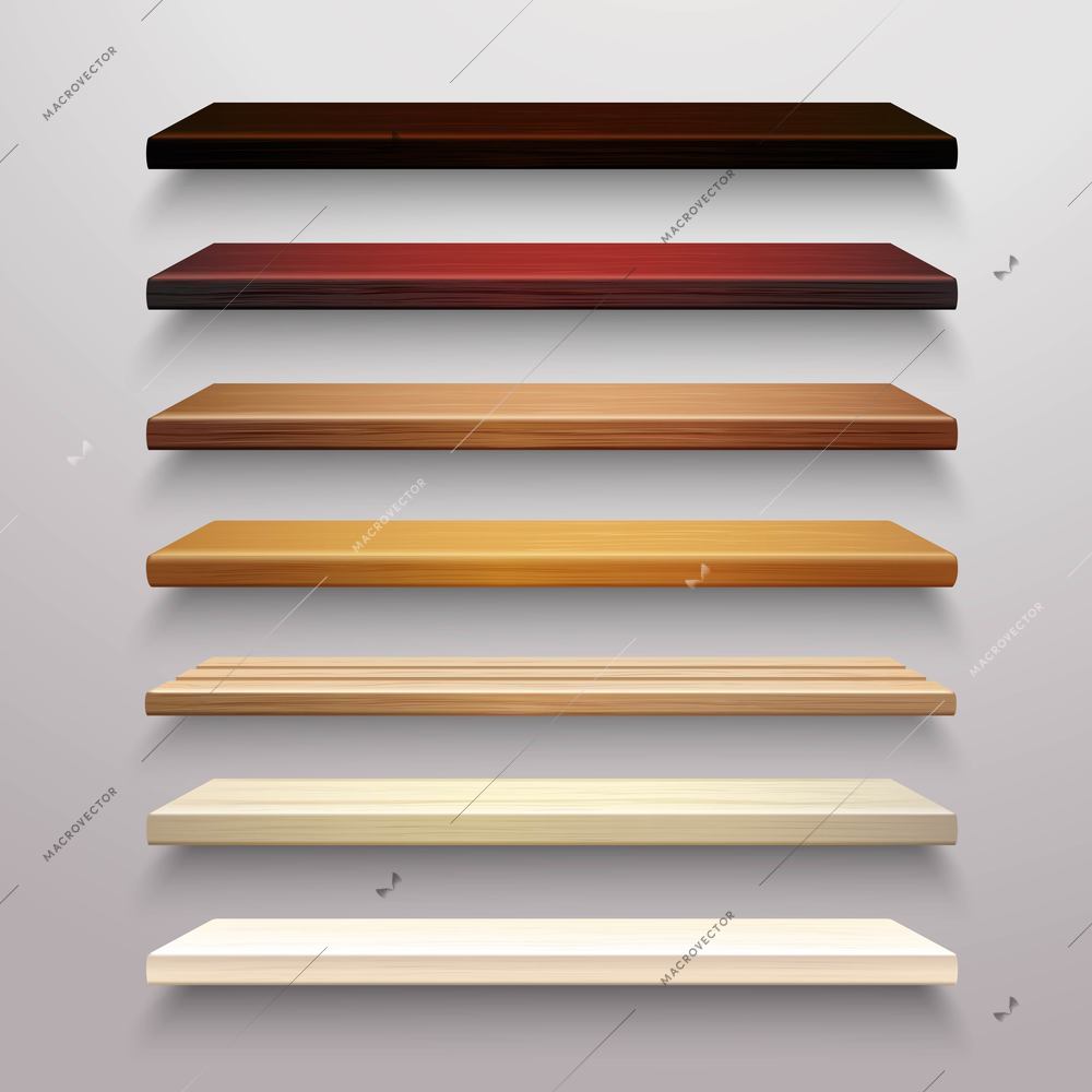 Realistic 3d multicolored retail store wooden shelves set isolated vector illustration