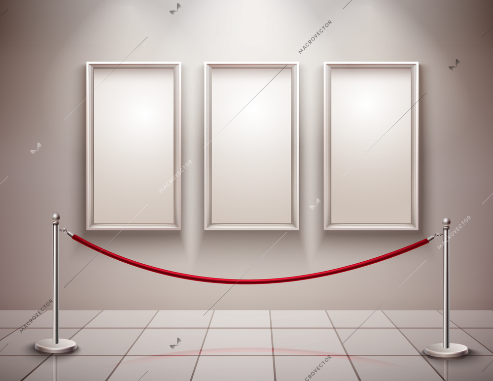 Three realistic empty picture frames with stanchion museum exhibition background vector illustration