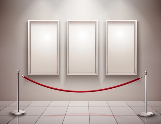 Three realistic empty picture frames with stanchion museum exhibition background vector illustration