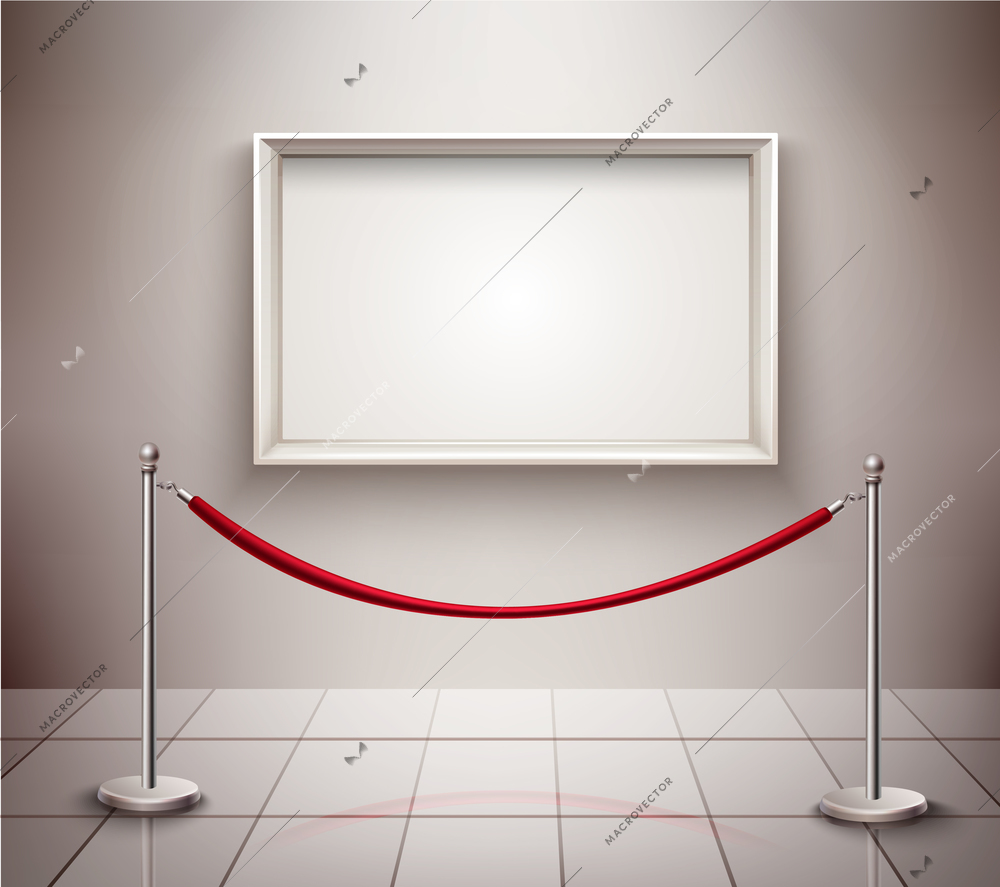 White empty picture frame and rope stanchion realistic exhibition background vector illustration