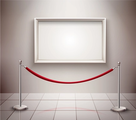White empty picture frame and rope stanchion realistic exhibition background vector illustration