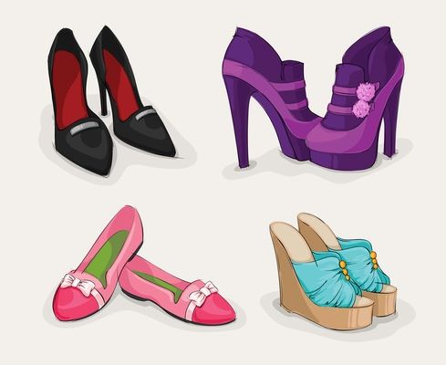Fashion collection of classic woman's black shoes on high heels ankle boots and sandals isolated vector illustration