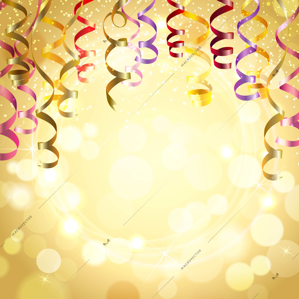 Celebration golden color background with realistic festive streamers vector illustration