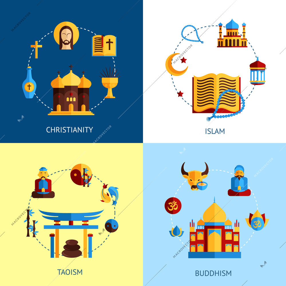 Religion design concept set with christianity islam taoism buddhism flat icons isolated vector illustration