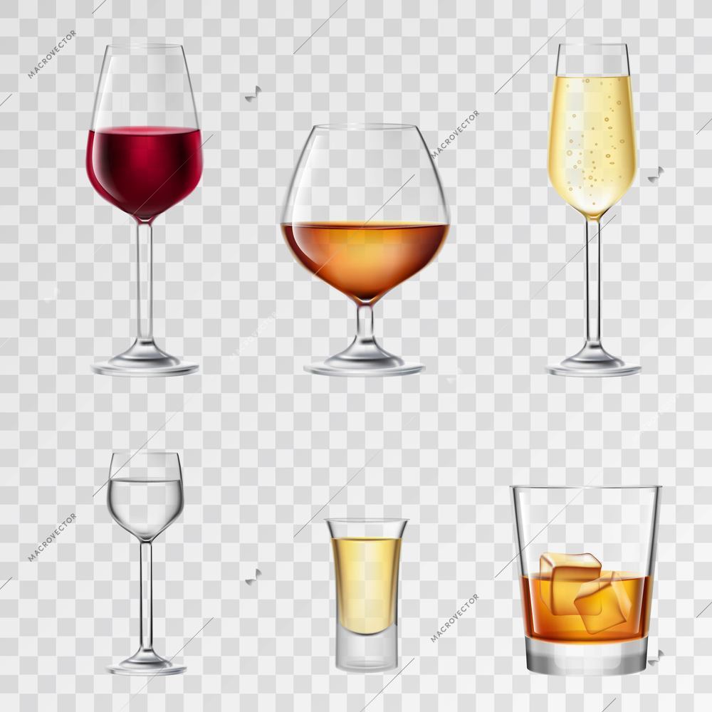 Alcohol drinks in 3d realistic glasses transparent set isolated vector illustration