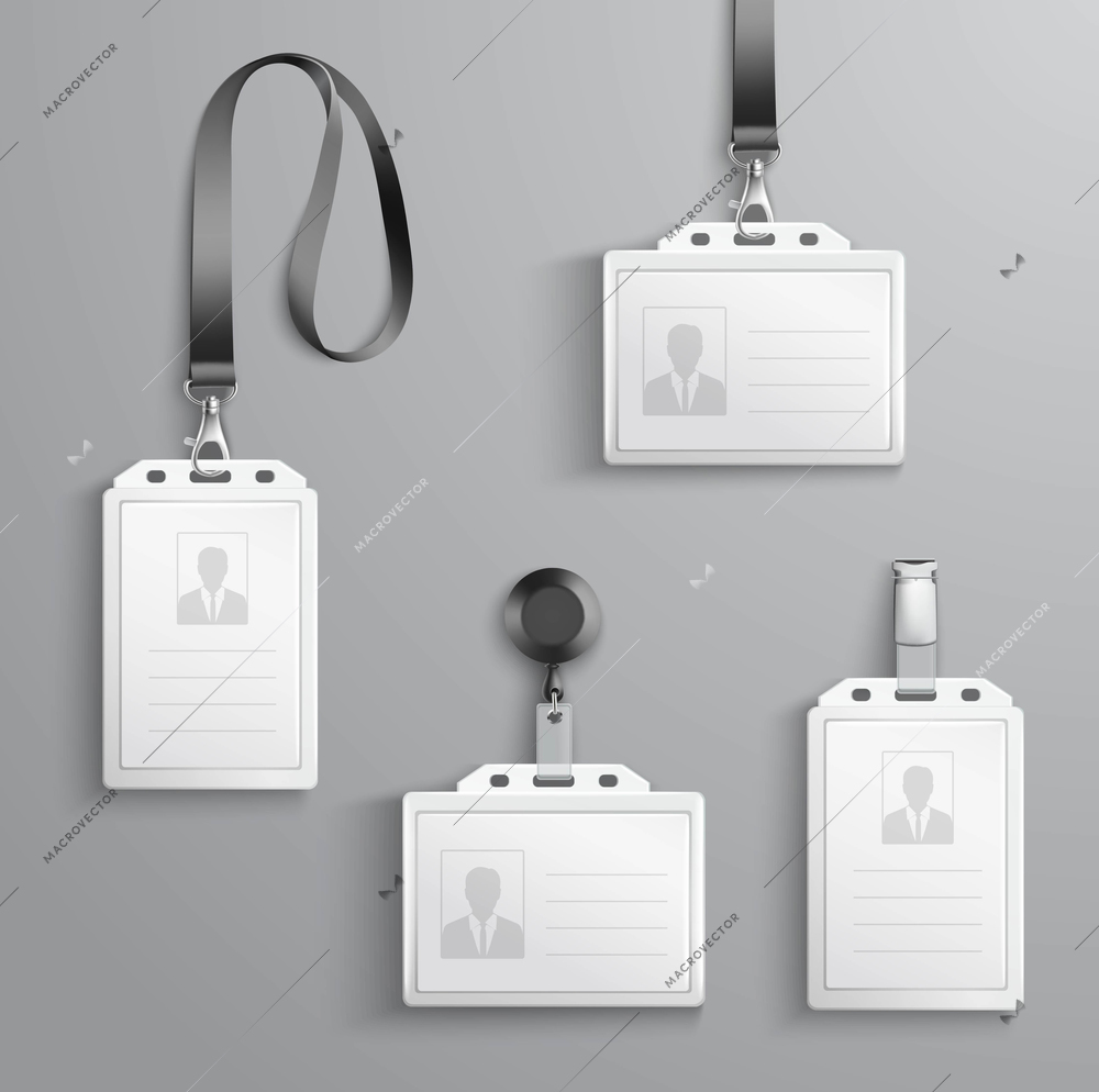 Identification white blank plastic id cards set with clasp and lanyards isolated vector illustration