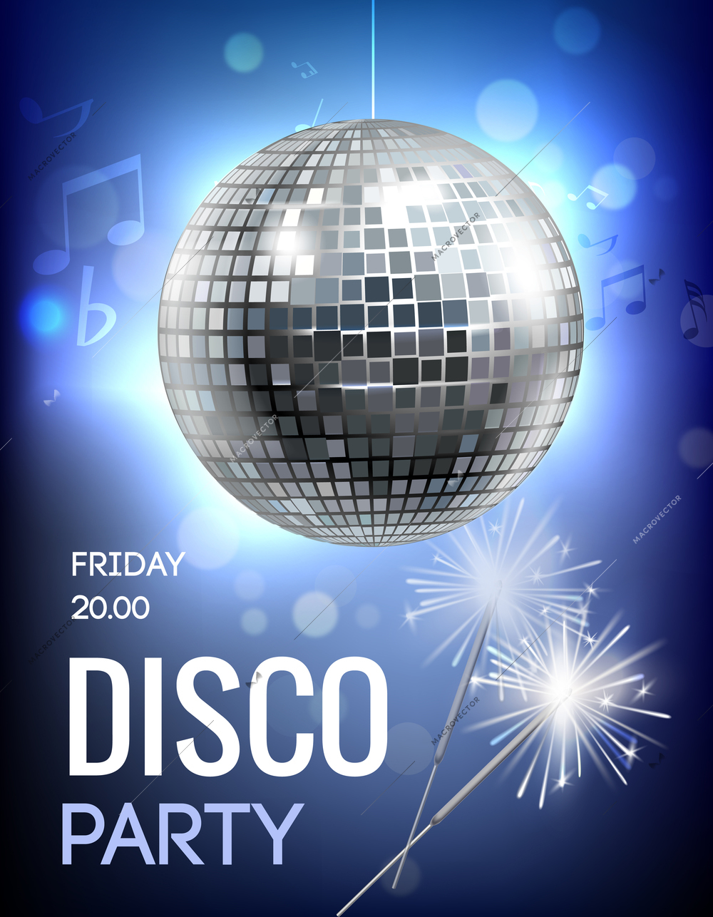 Party invitation poster with disco ball in spot lights vector illustration