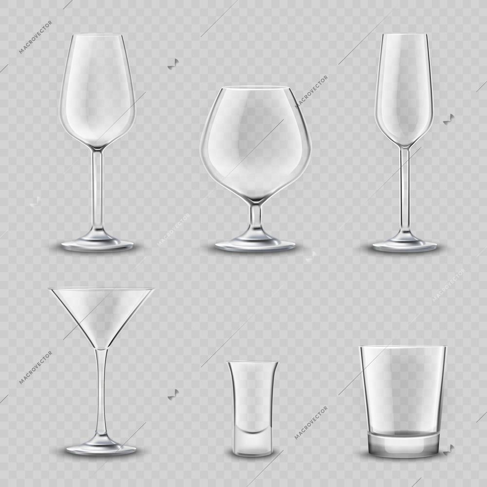 Empty alcohol drinks glassware transparent realistic 3d set isolated vector illustration
