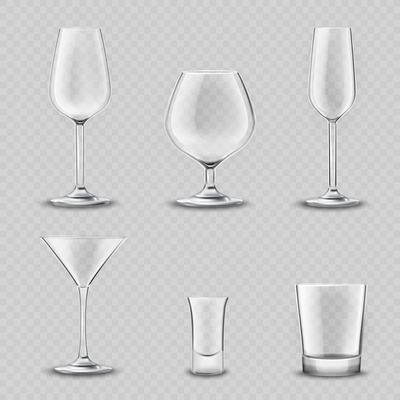 Empty alcohol drinks glassware transparent realistic 3d set isolated vector illustration