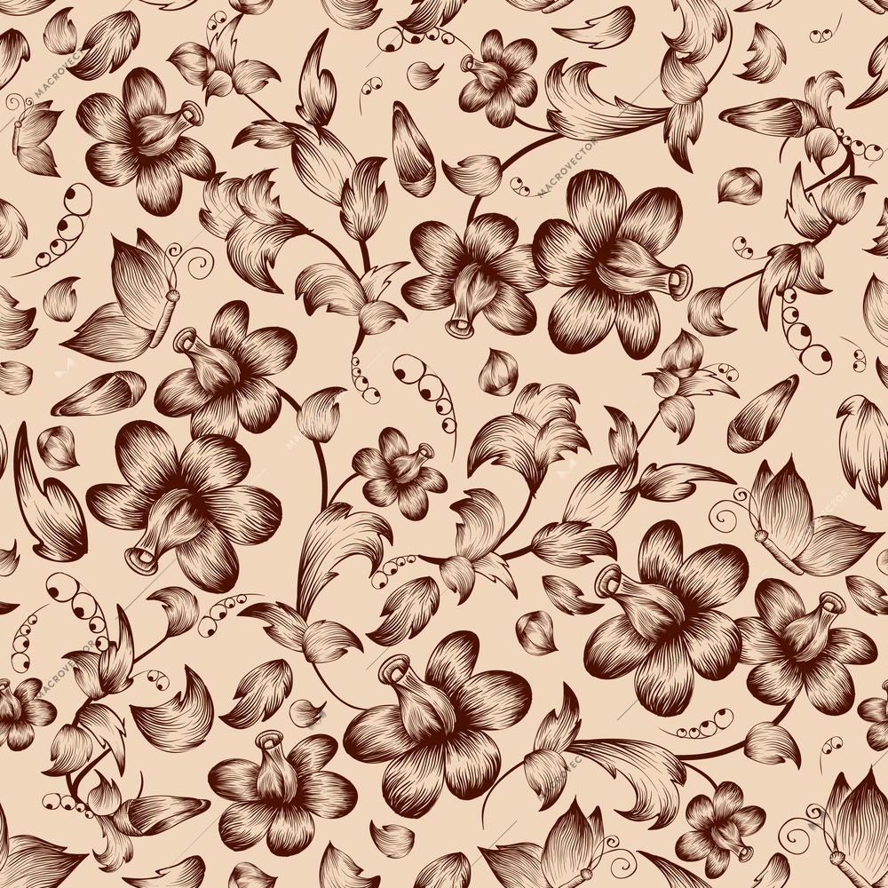 Vintage flower and butterfly sepia ornate seamless pattern vector illustration