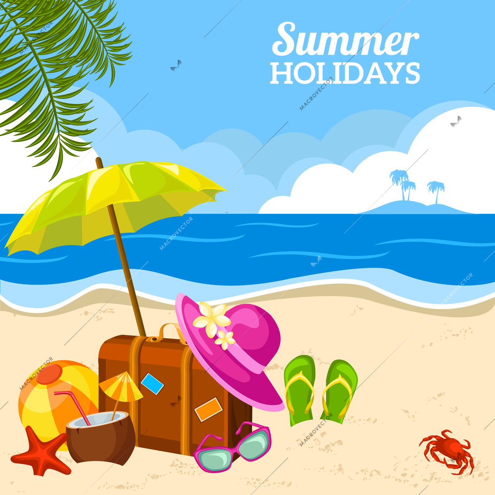 Beautiful summer seaside view poster with beach sunny day with sand umbrella and palm leaves holidays vector illustration.