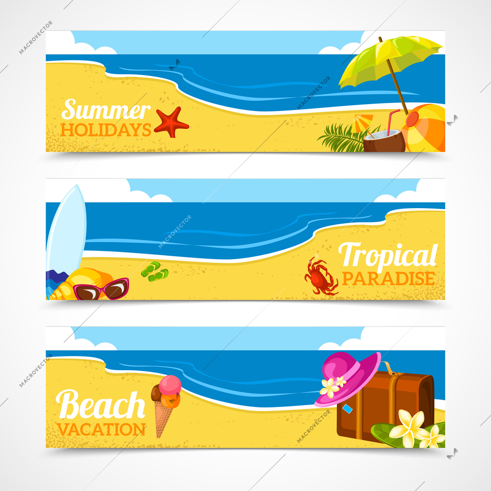 Banner horizontal set of travel summer beach colorful tropical backgrounds isolated vector illustration.