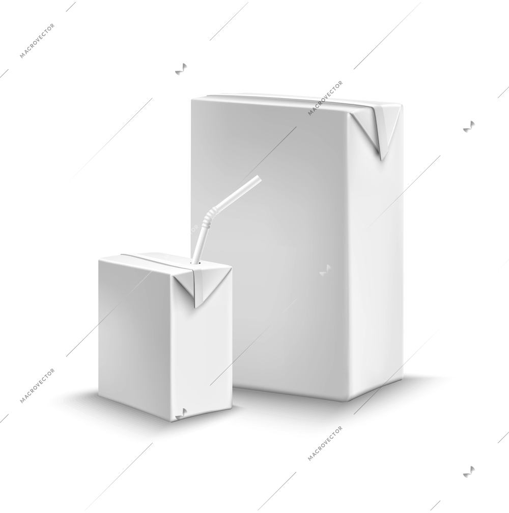 Juice or milk liquid package set with cardboard boxes with drinking straw vector illustration