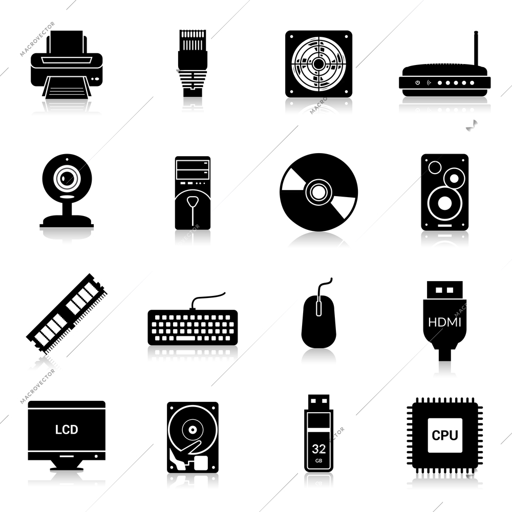 Computer parts icons black set with monitor modem keyboard isolated vector illustration