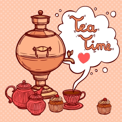 Tea time background with sketch samovar and teapot cup cake vector illustration