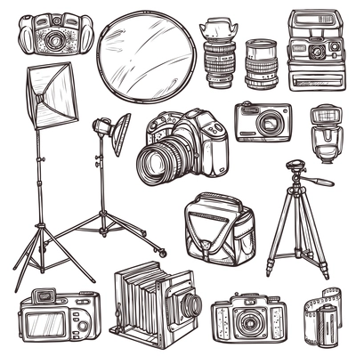 Vintage and modern camera photo equipment sketch decorative icons set isolated vector illustration