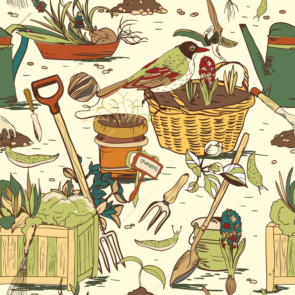 Hand drawn seamless gardening tools pattern background vector illustration