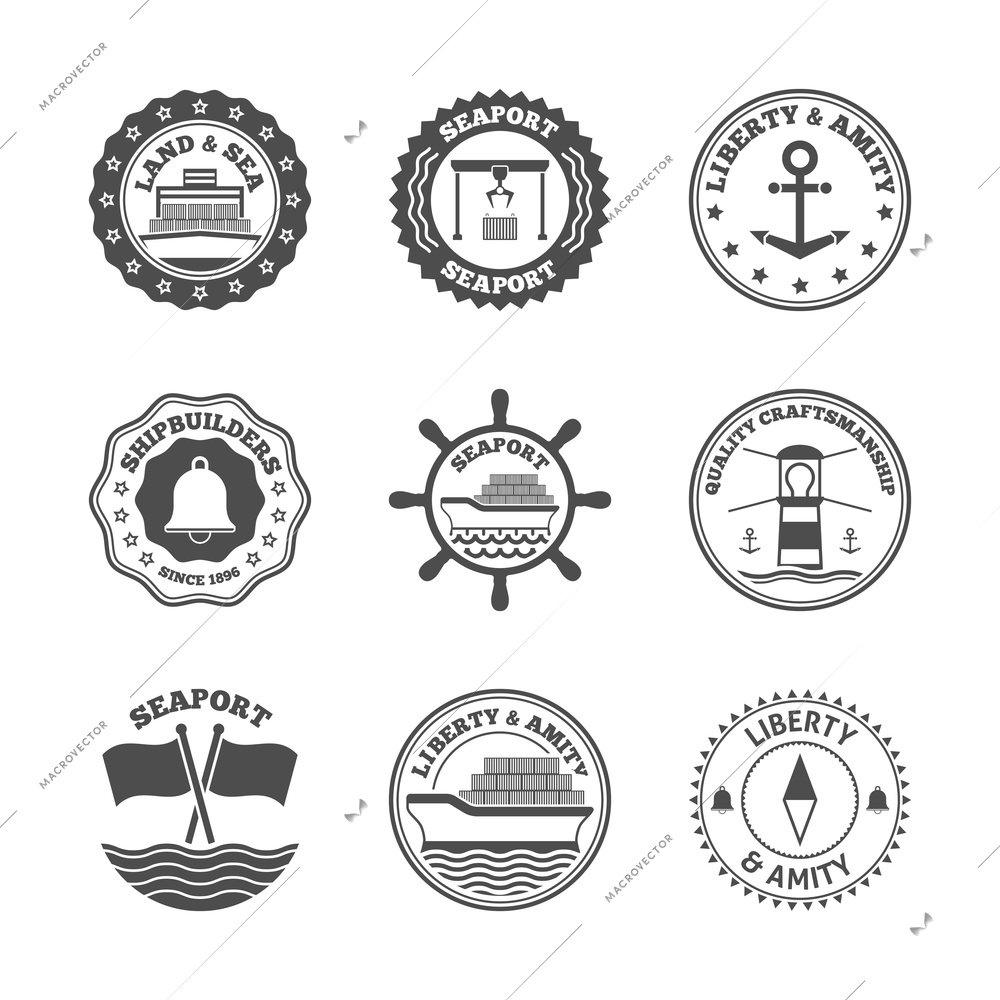 Sea port marine transport and cruise shipping label set isolated vector illustration