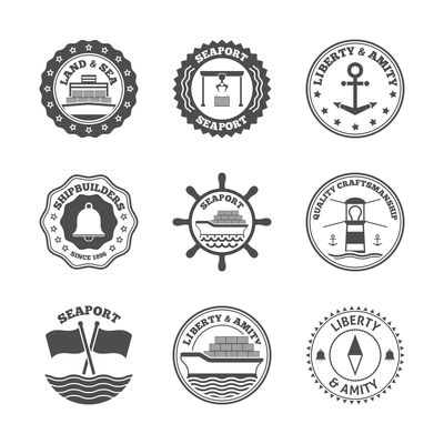 Sea port marine transport and cruise shipping label set isolated vector illustration