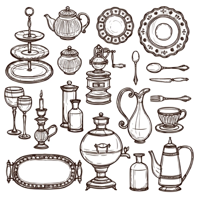 Vintage  dishes set with coffee pot milk can spoons cups and silver tray doodle sketch vector illustration