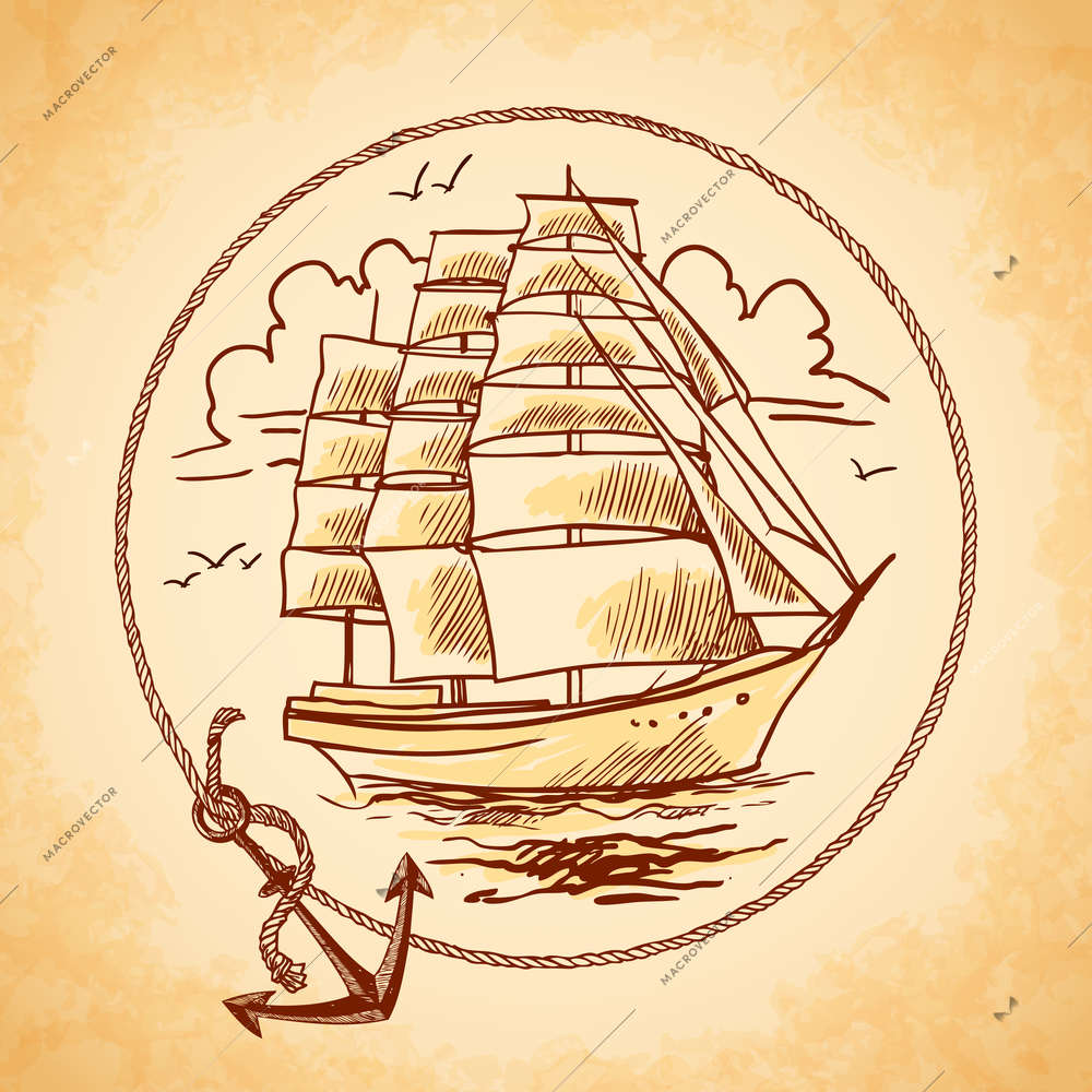 Sailing tall ship old wooden metal vessel nautical emblem with rope frame and anchor vector illustration