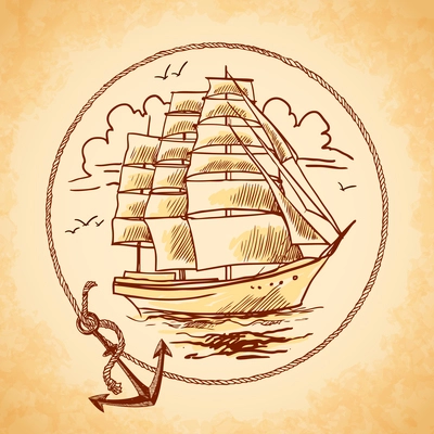 Sailing tall ship old wooden metal vessel nautical emblem with rope frame and anchor vector illustration