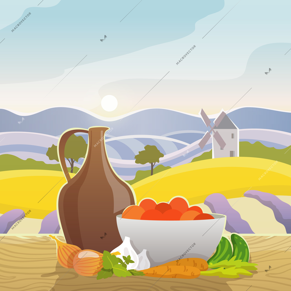 Vegetables still life with rural mediterranean landscape on background flat vector illustration