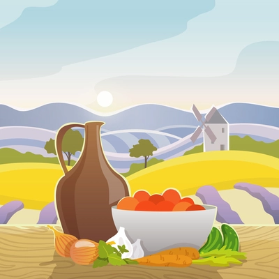 Vegetables still life with rural mediterranean landscape on background flat vector illustration